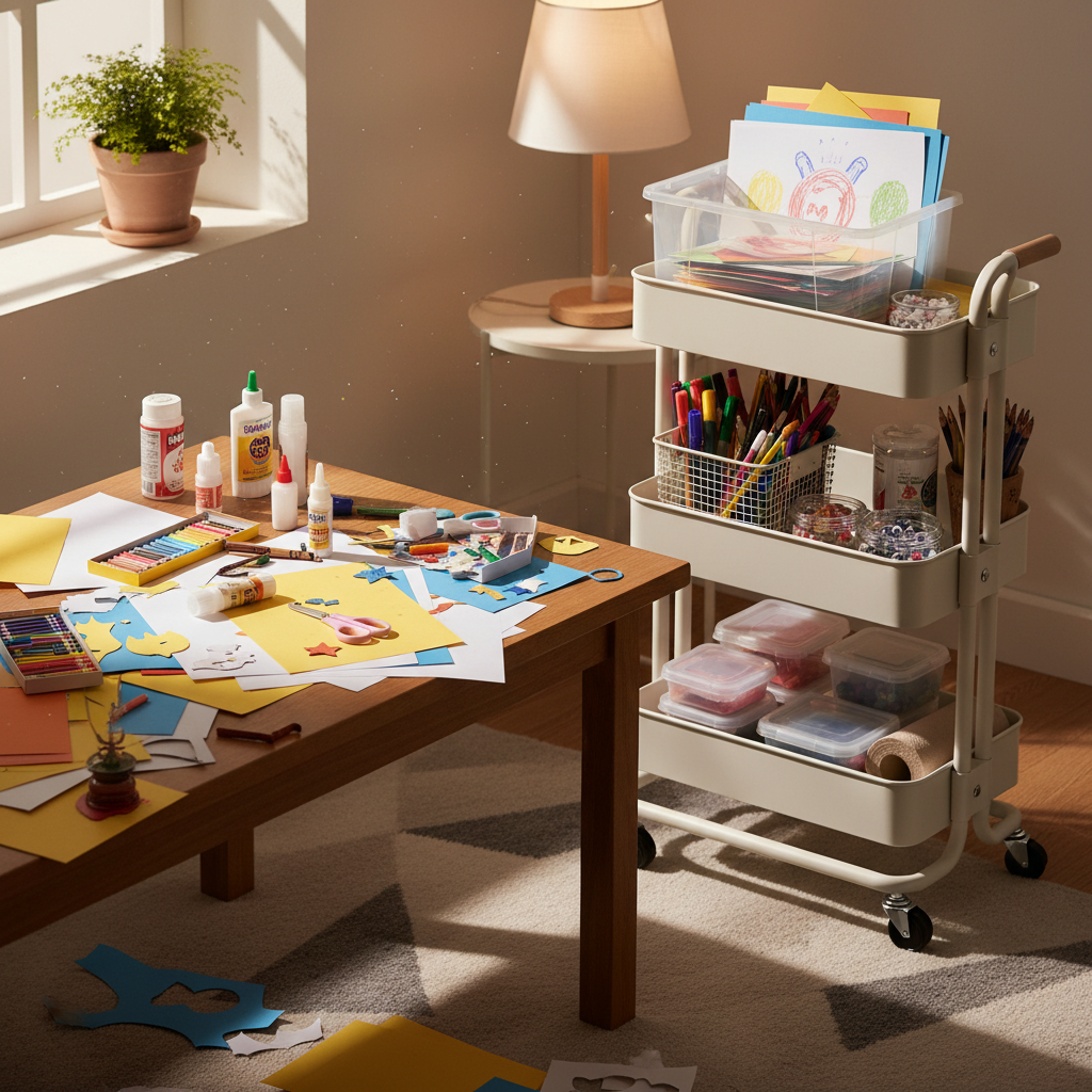 아이 만들기 테이블과 재료 카트를 따뜻하게 정돈한 생성 이미지