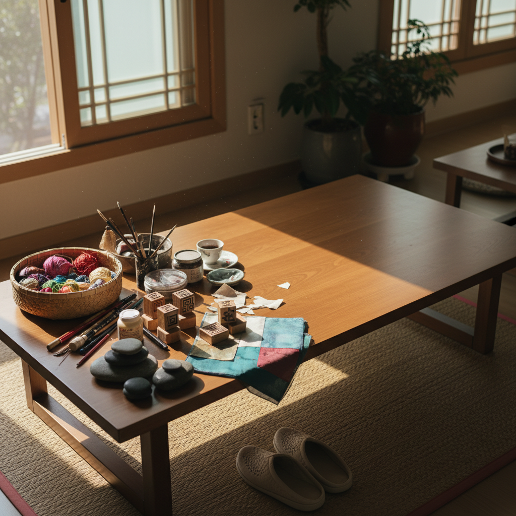 다음 놀이를 위해 테이블 한쪽을 비워 두고 재료를 다시 둔 생성 이미지