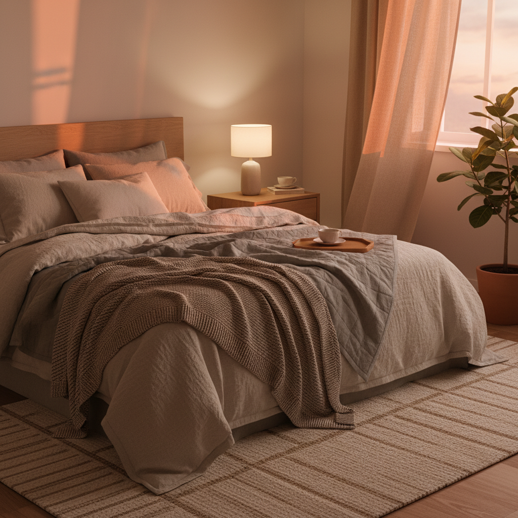 침실 패브릭과 조명, 작은 협탁을 따뜻하게 정돈한 생성 이미지