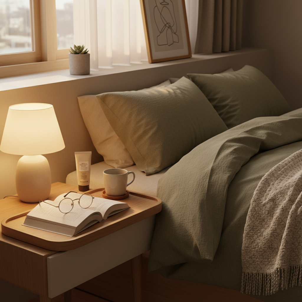 침대 옆 협탁에 책과 안경, 핸드크림을 한 트레이에 모은 생성 이미지