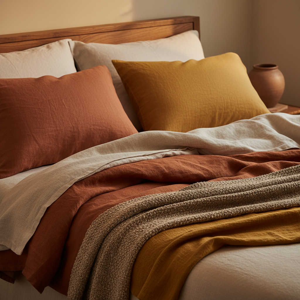 침실 패브릭을 계절 톤에 맞게 줄여 둔 생성 이미지