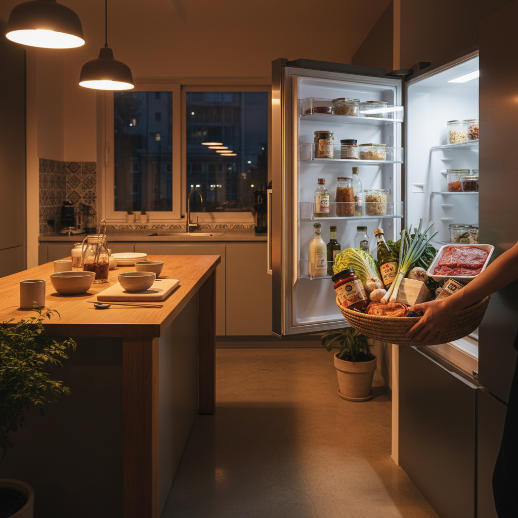 저녁 조리 시작 전에 한 번에 재료를 꺼내는 생성 이미지