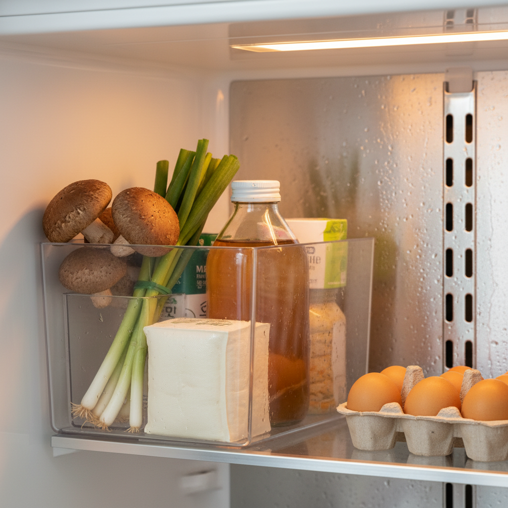 오늘 저녁에 쓸 재료만 냉장고 한 칸에 모아둔 생성 이미지