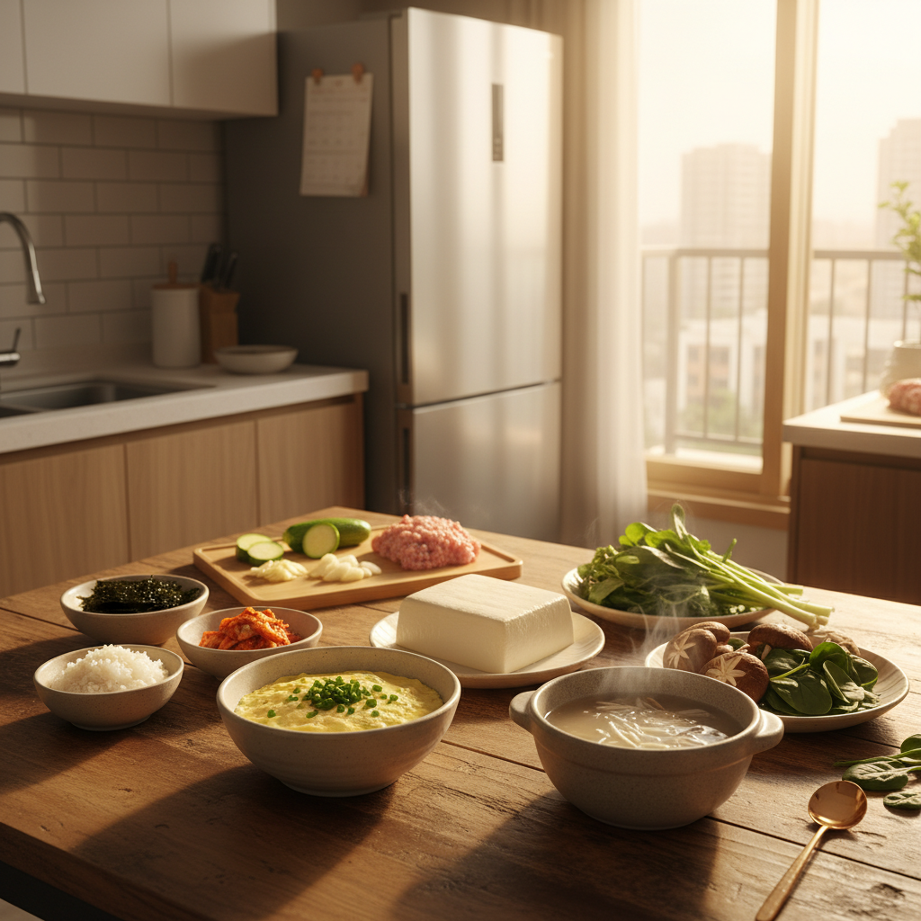 아침 햇살 아래 집밥 재료를 냉장고 앞에 차분히 정리한 생성 이미지