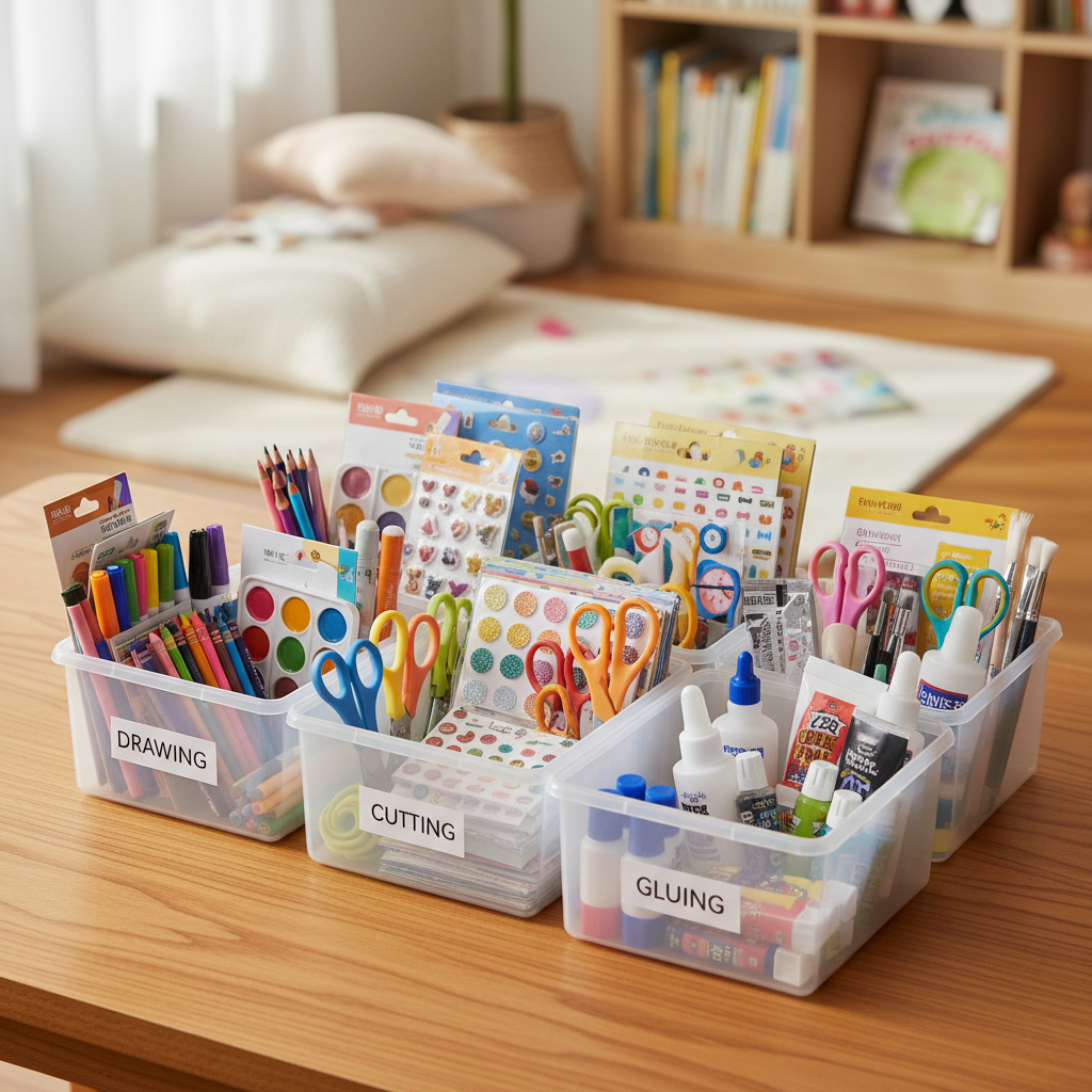 자주 쓰는 만들기 재료를 작은 바구니로 나눠 놓은 생성 이미지