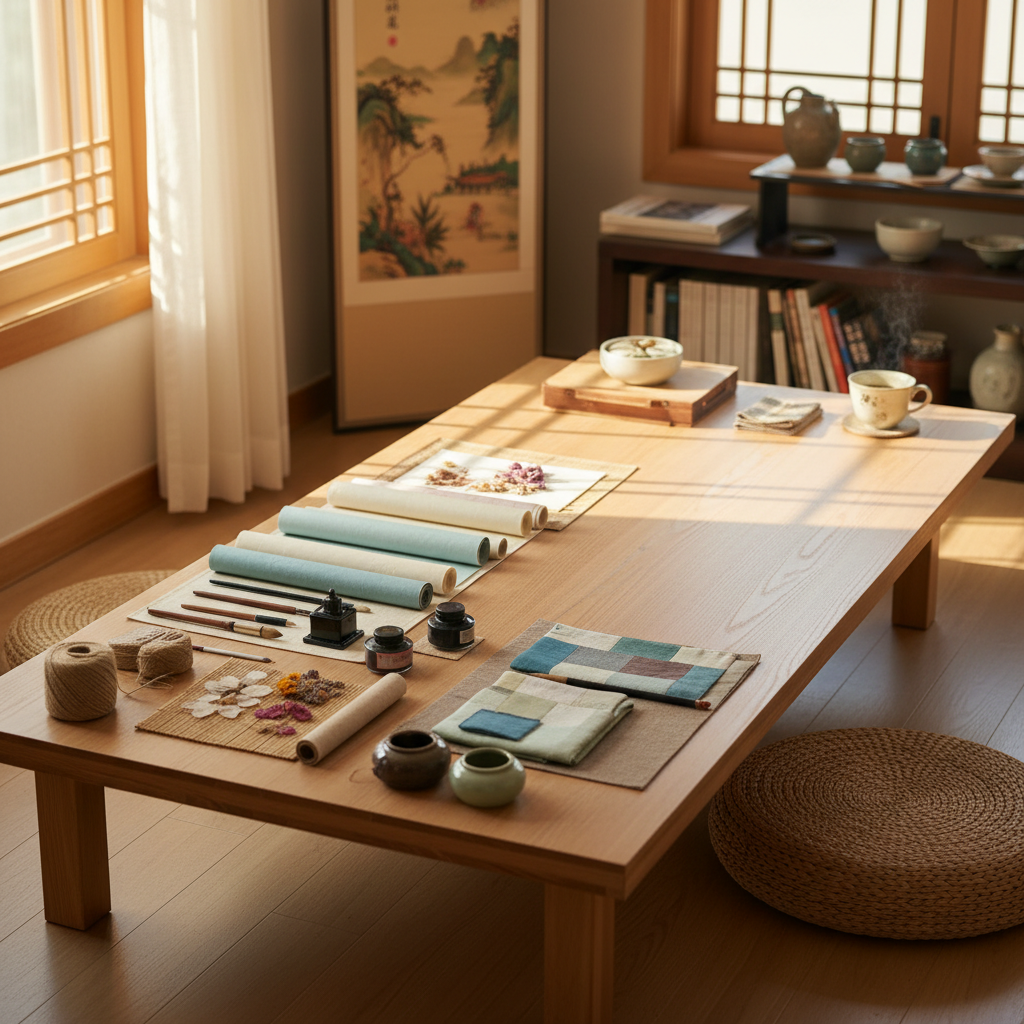 다음 놀이를 위해 테이블 한쪽을 비워 두고 재료를 다시 둔 생성 이미지