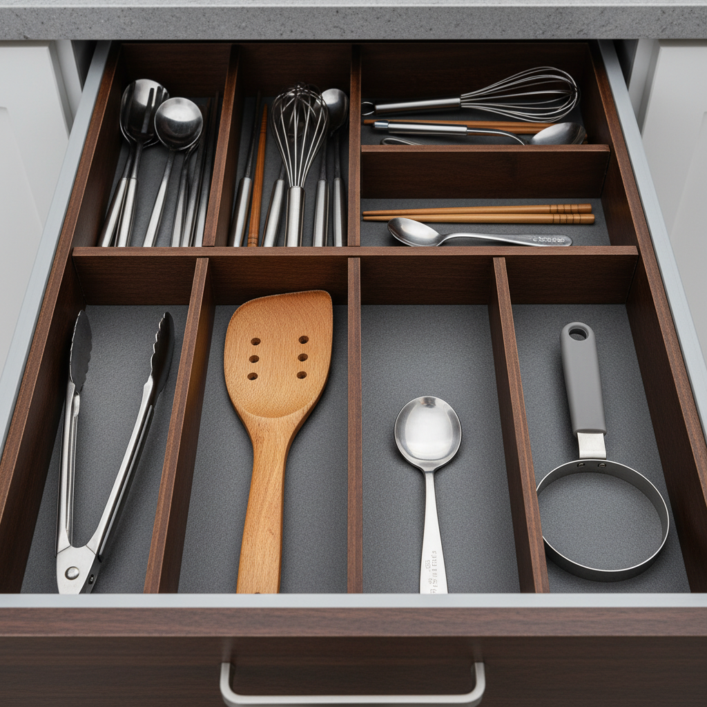 아침용 집게와 주걱, 작은 스푼을 앞줄에 배치한 생성 이미지