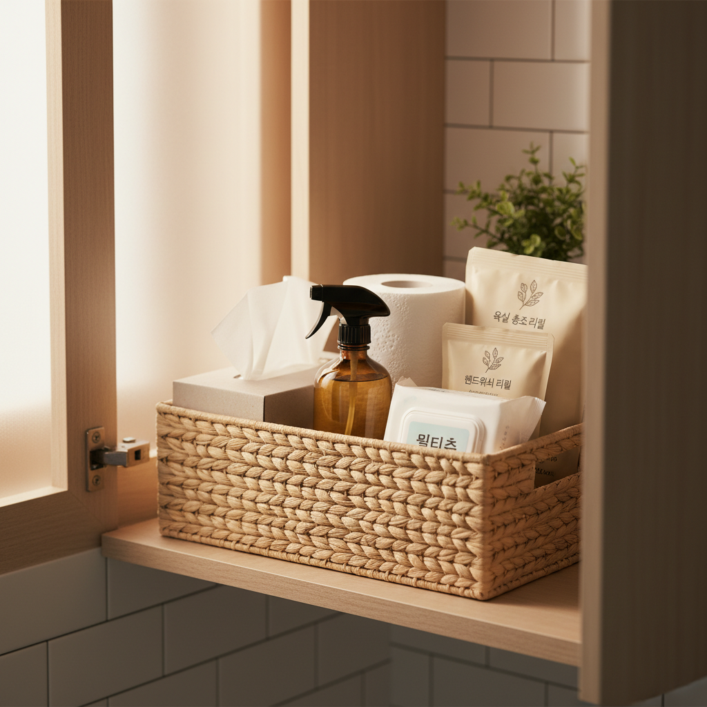 욕실 리필 바구니와 휴지, 세정제, 물티슈를 정리한 생성 이미지