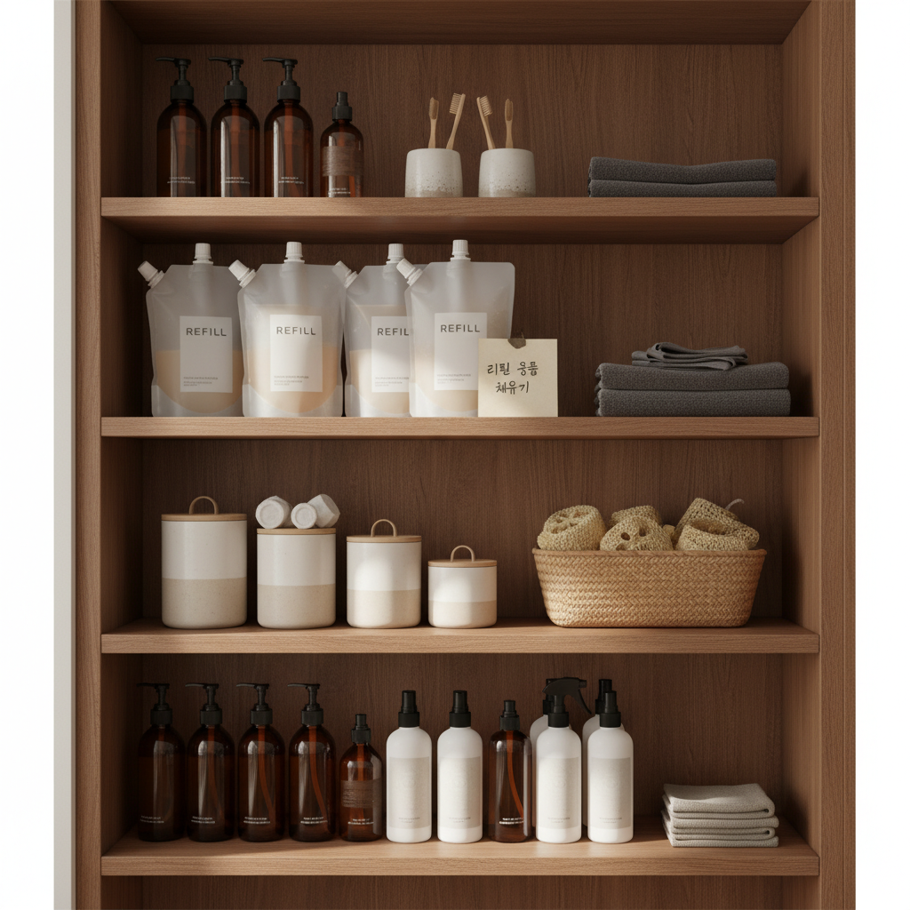 다음 교체 순서를 적은 작은 메모와 욕실용품을 둔 생성 이미지