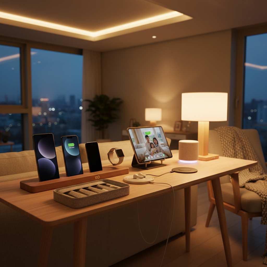 가족 기기 도킹 구역과 충전선, 태블릿을 정돈한 생성 이미지