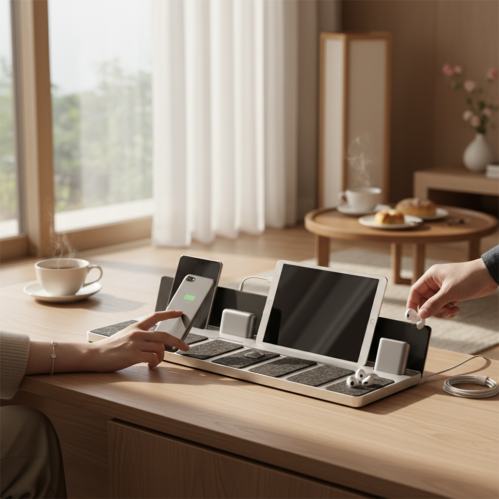 아침에 바로 들고 나갈 기기를 앞줄에서 꺼내는 생성 이미지