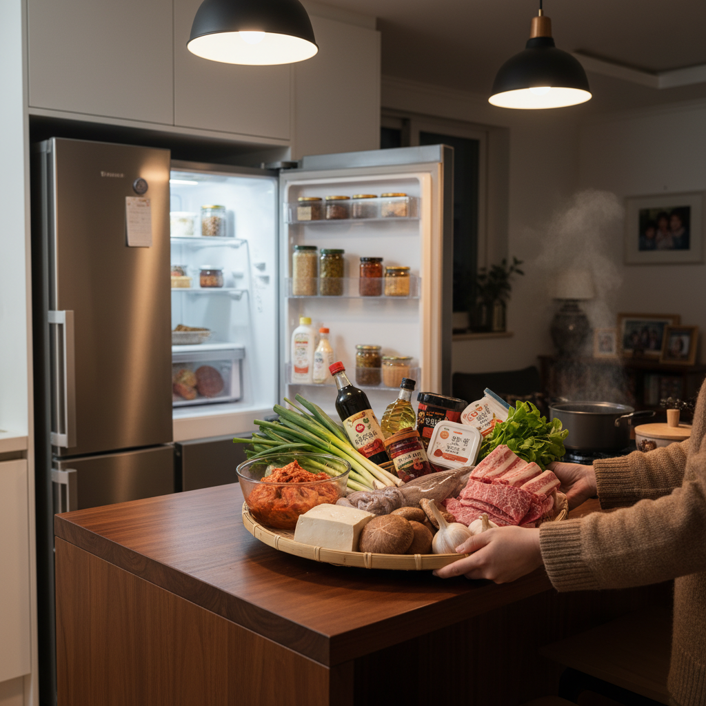저녁 조리 시작 전에 한 번에 재료를 꺼내는 생성 이미지