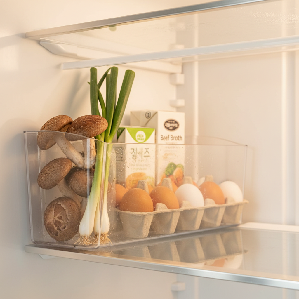오늘 저녁에 쓸 재료만 냉장고 한 칸에 모아둔 생성 이미지