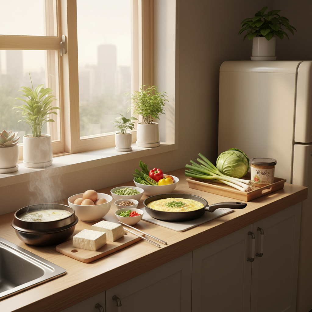 아침 햇살 아래 집밥 재료를 냉장고 앞에 차분히 정리한 생성 이미지