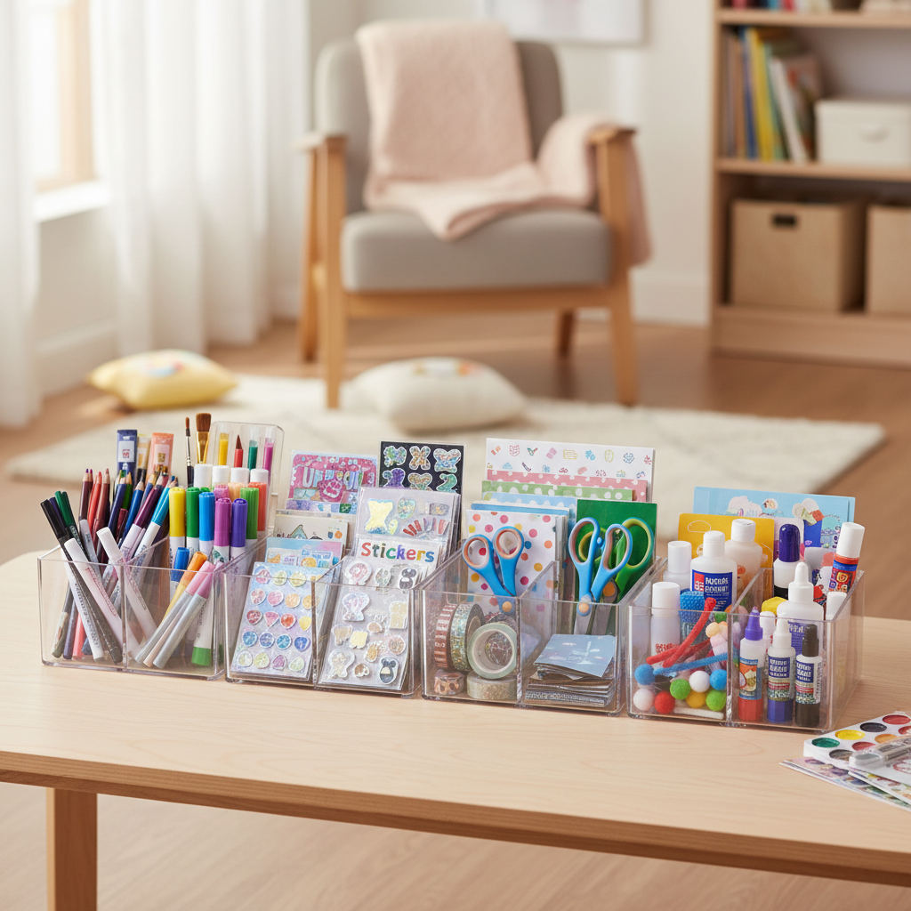 자주 쓰는 만들기 재료를 작은 바구니로 나눠 놓은 생성 이미지