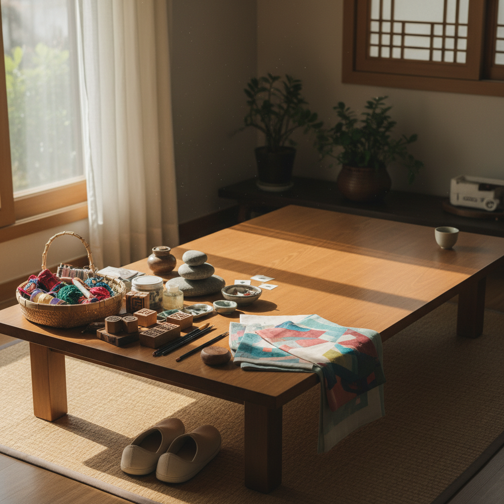 다음 놀이를 위해 테이블 한쪽을 비워 두고 재료를 다시 둔 생성 이미지