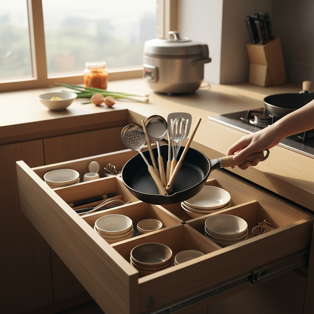 도구와 작은 팬을 같이 꺼내 두는 아침 준비 장면 생성 이미지