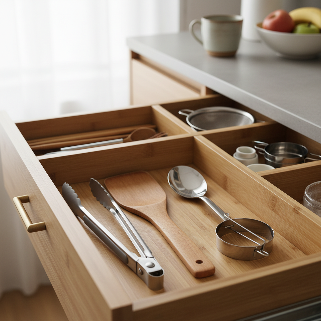 아침용 집게와 주걱, 작은 스푼을 앞줄에 배치한 생성 이미지