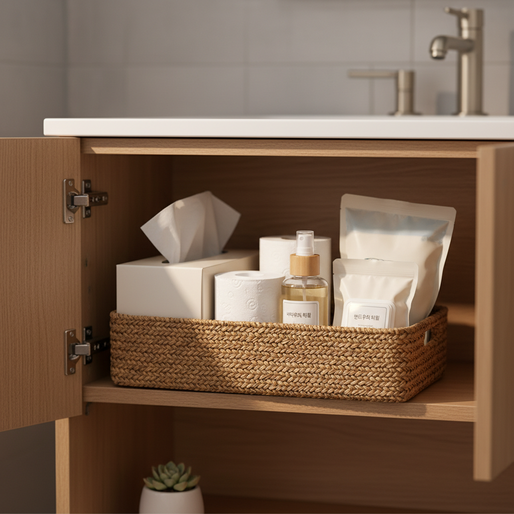 욕실 리필 바구니와 휴지, 세정제, 물티슈를 정리한 생성 이미지
