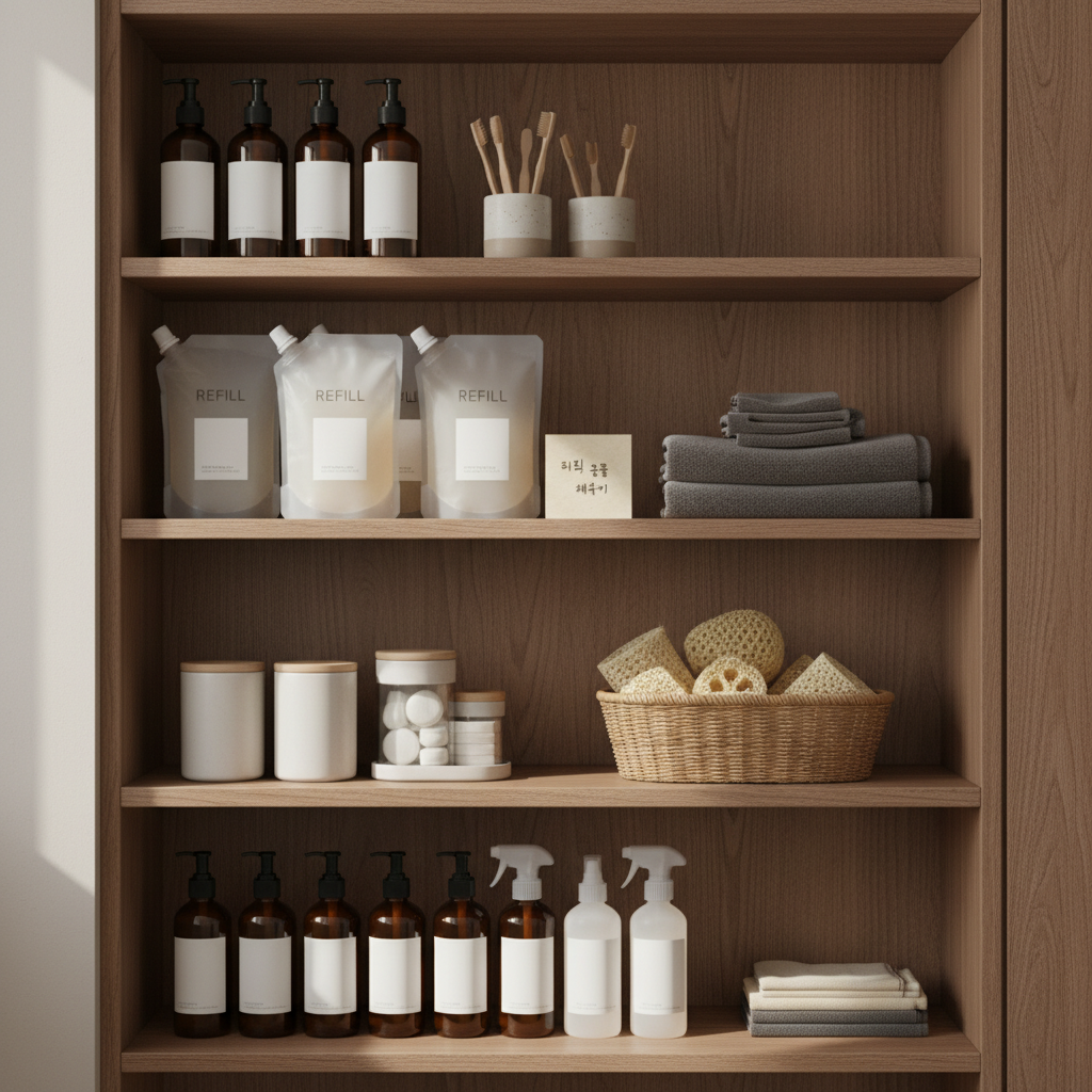 다음 교체 순서를 적은 작은 메모와 욕실용품을 둔 생성 이미지