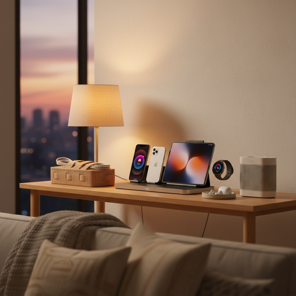 가족 기기 도킹 구역과 충전선, 태블릿을 정돈한 생성 이미지