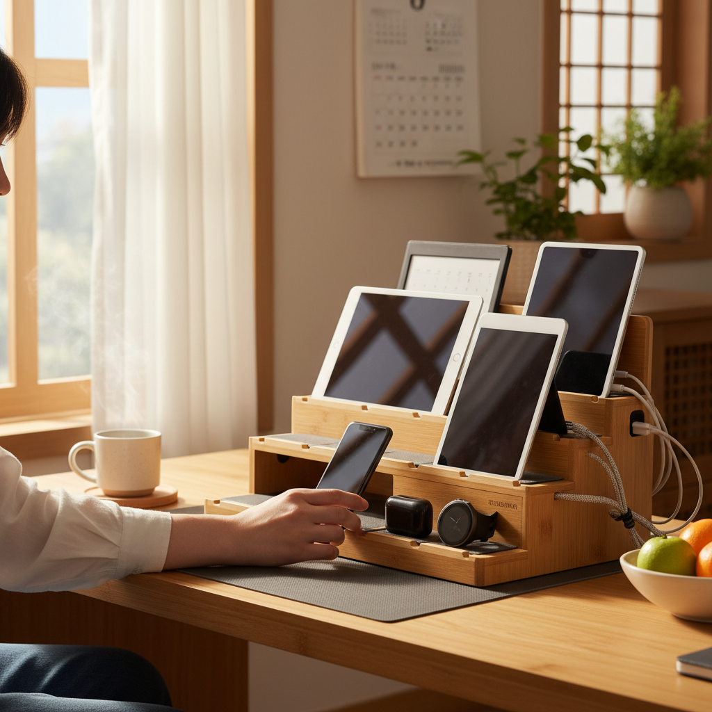 아침에 바로 들고 나갈 기기를 앞줄에서 꺼내는 생성 이미지