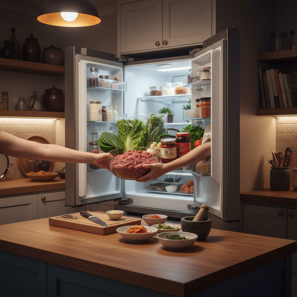 저녁 조리 시작 전에 한 번에 재료를 꺼내는 생성 이미지