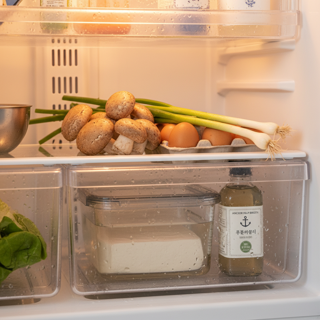 오늘 저녁에 쓸 재료만 냉장고 한 칸에 모아둔 생성 이미지