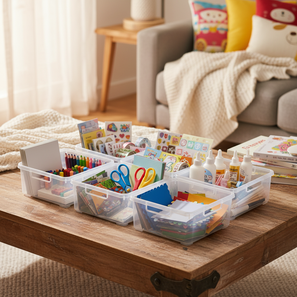 자주 쓰는 만들기 재료를 작은 바구니로 나눠 놓은 생성 이미지