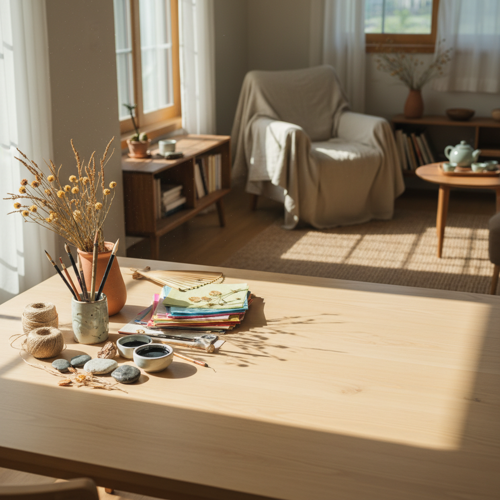 다음 놀이를 위해 테이블 한쪽을 비워 두고 재료를 다시 둔 생성 이미지