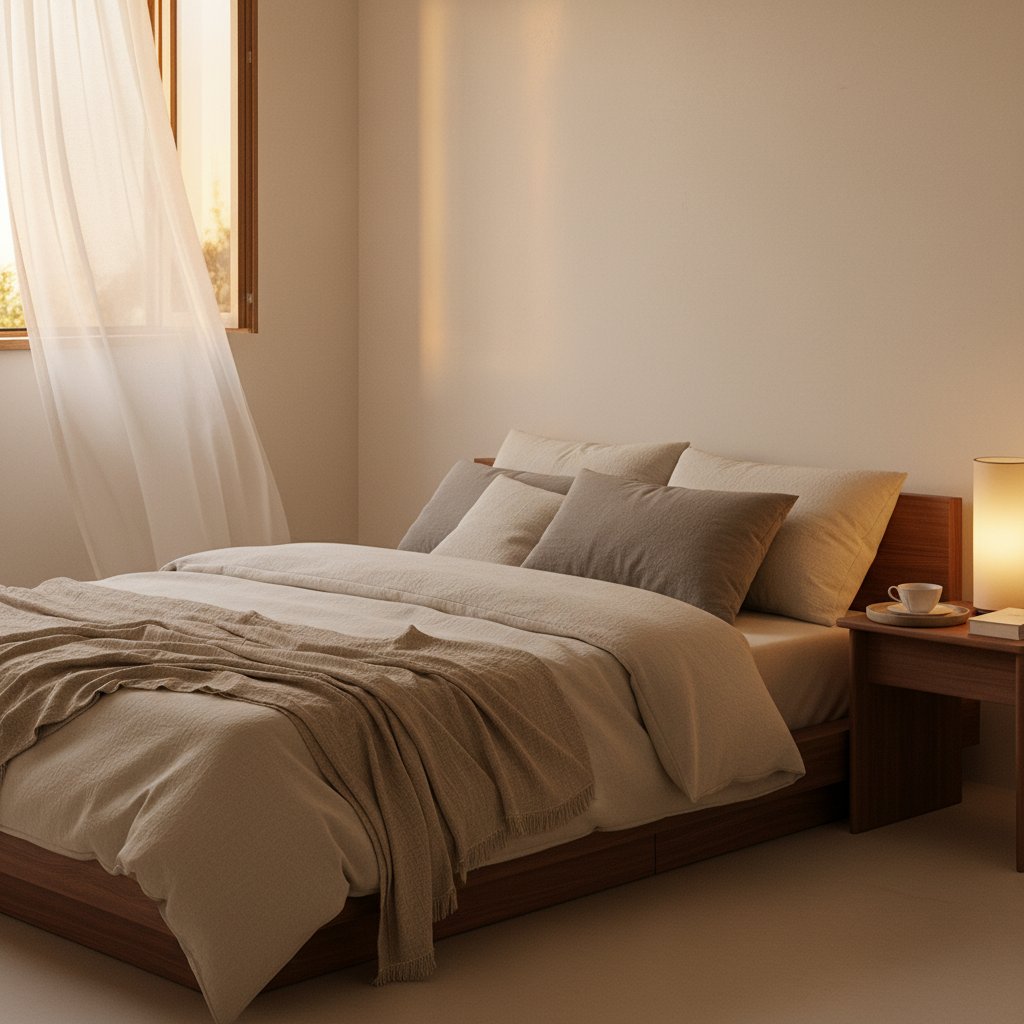 침실 패브릭과 조명, 작은 협탁을 따뜻하게 정돈한 생성 이미지
