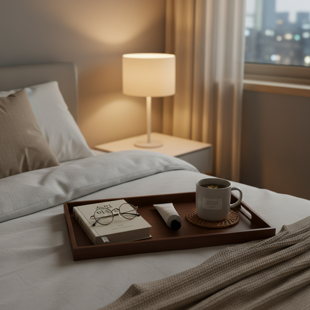 침대 옆 협탁에 책과 안경, 핸드크림을 한 트레이에 모은 생성 이미지