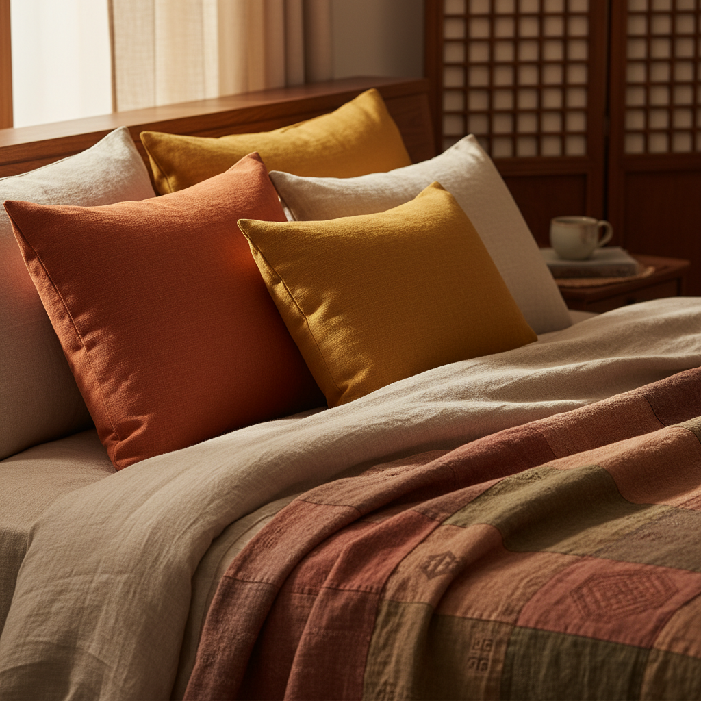 침실 패브릭을 계절 톤에 맞게 줄여 둔 생성 이미지