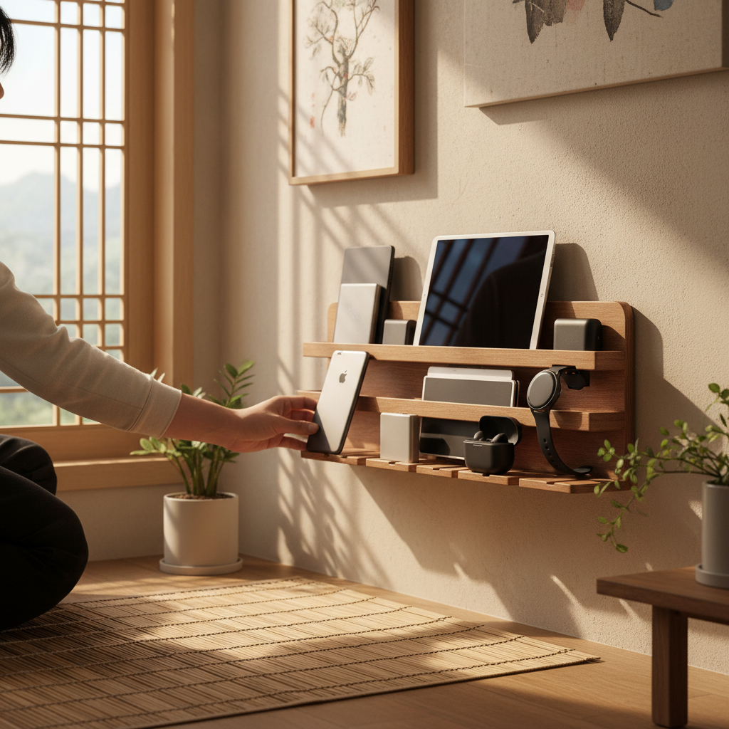 아침에 바로 들고 나갈 기기를 앞줄에서 꺼내는 생성 이미지