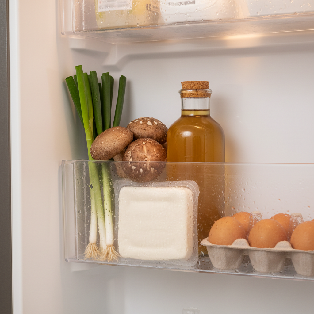 오늘 저녁에 쓸 재료만 냉장고 한 칸에 모아둔 생성 이미지