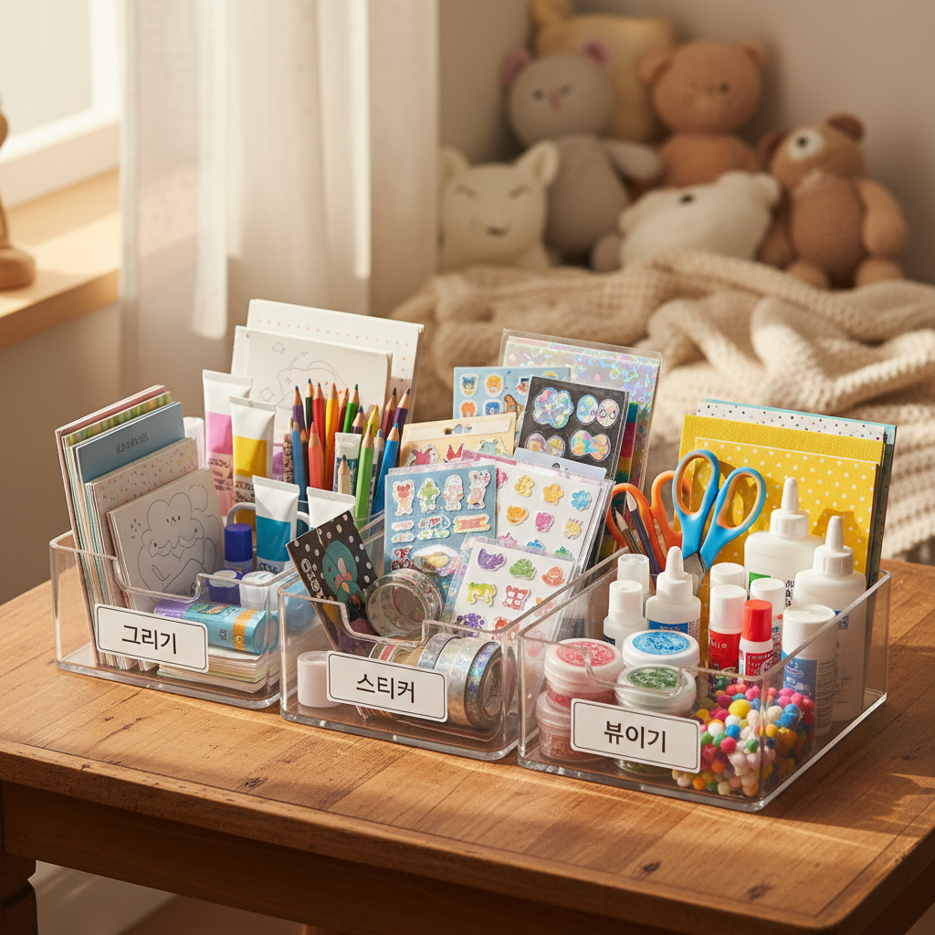 자주 쓰는 만들기 재료를 작은 바구니로 나눠 놓은 생성 이미지