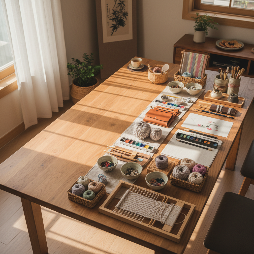 다음 놀이를 위해 테이블 한쪽을 비워 두고 재료를 다시 둔 생성 이미지