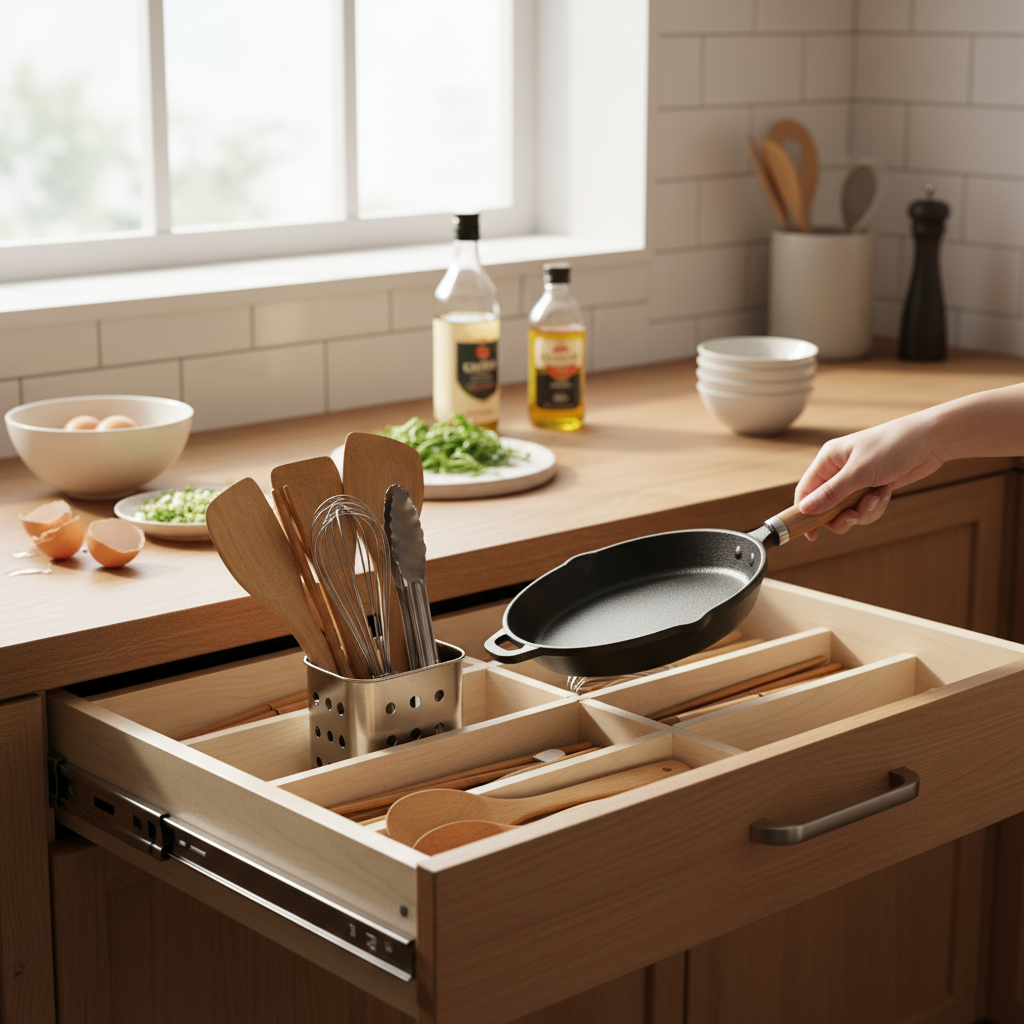 도구와 작은 팬을 같이 꺼내 두는 아침 준비 장면 생성 이미지