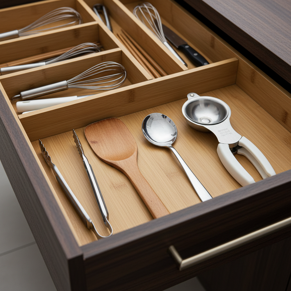 아침용 집게와 주걱, 작은 스푼을 앞줄에 배치한 생성 이미지