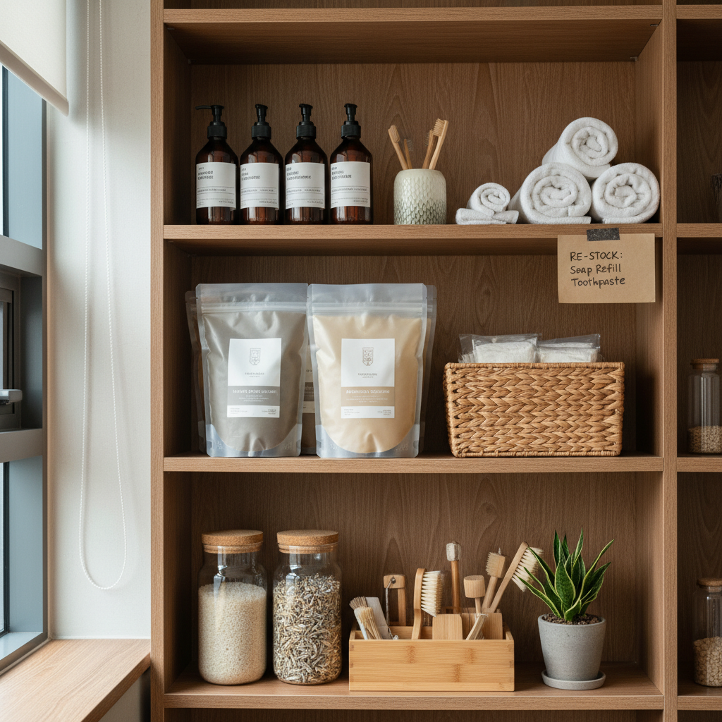 다음 교체 순서를 적은 작은 메모와 욕실용품을 둔 생성 이미지