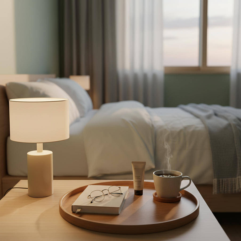 침대 옆 협탁에 책과 안경, 핸드크림을 한 트레이에 모은 생성 이미지