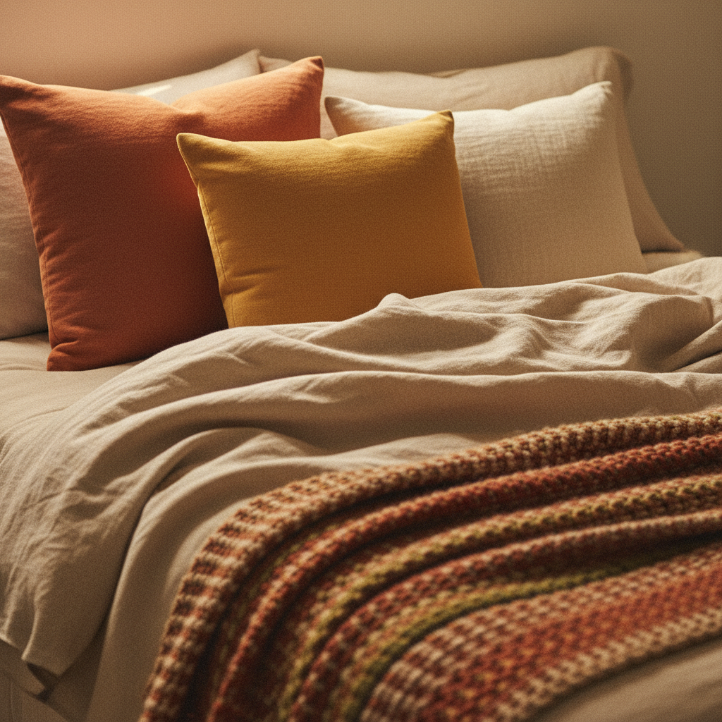 침실 패브릭을 계절 톤에 맞게 줄여 둔 생성 이미지