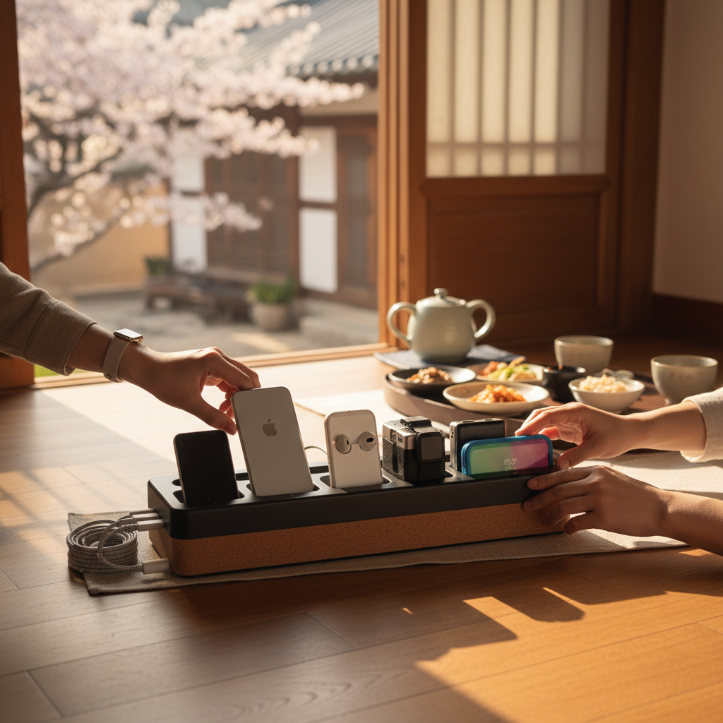 아침에 바로 들고 나갈 기기를 앞줄에서 꺼내는 생성 이미지