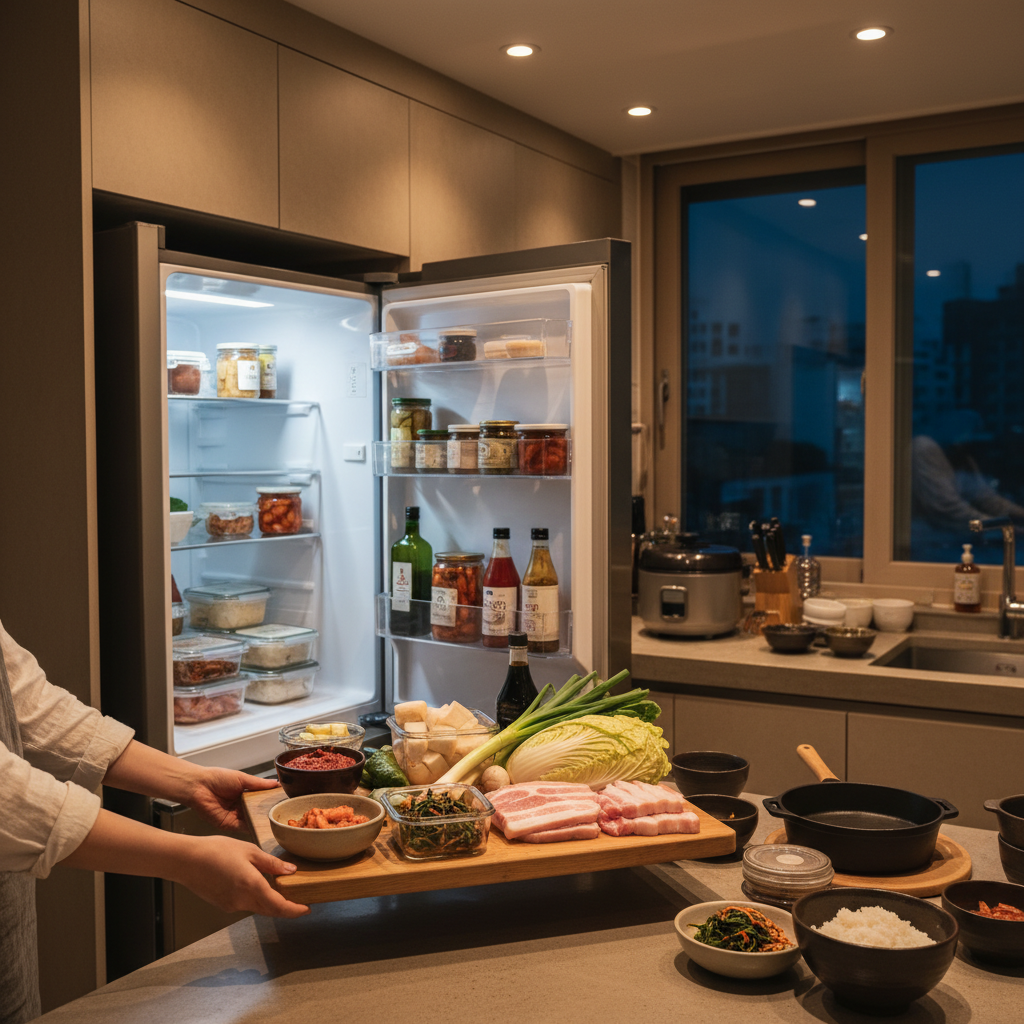 저녁 조리 시작 전에 한 번에 재료를 꺼내는 생성 이미지