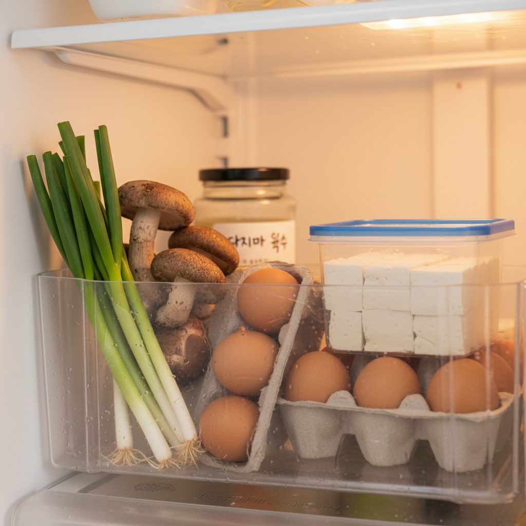 오늘 저녁에 쓸 재료만 냉장고 한 칸에 모아둔 생성 이미지