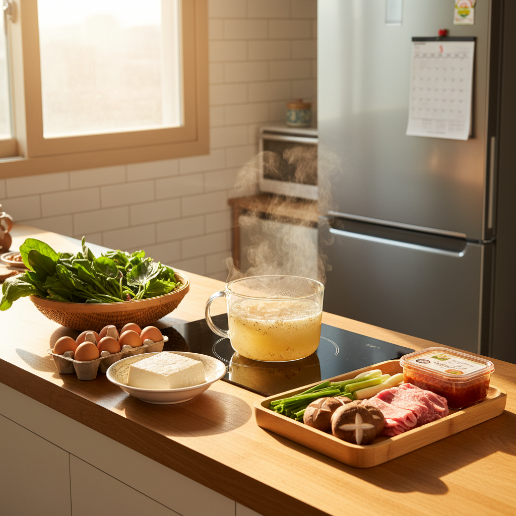 아침 햇살 아래 집밥 재료를 냉장고 앞에 차분히 정리한 생성 이미지