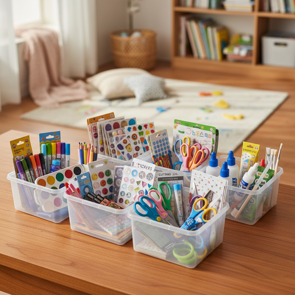 자주 쓰는 만들기 재료를 작은 바구니로 나눠 놓은 생성 이미지