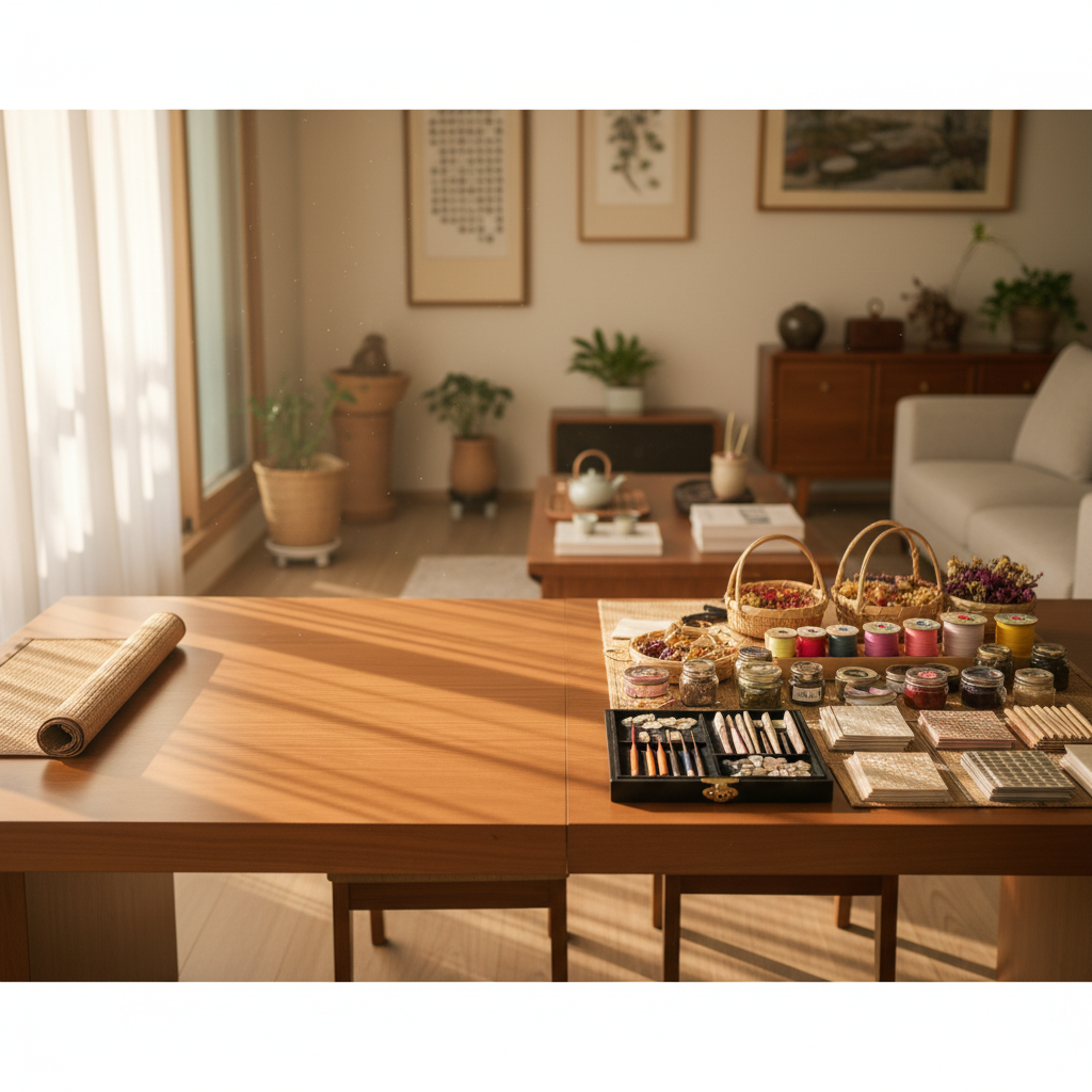 다음 놀이를 위해 테이블 한쪽을 비워 두고 재료를 다시 둔 생성 이미지