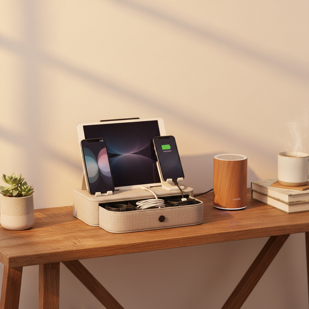 가족 기기 도킹 구역과 충전선, 태블릿을 정돈한 생성 이미지