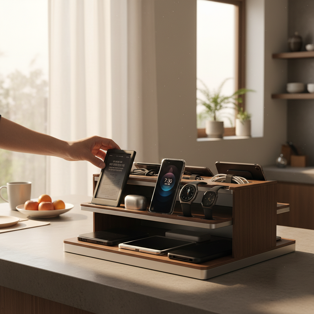 아침에 바로 들고 나갈 기기를 앞줄에서 꺼내는 생성 이미지